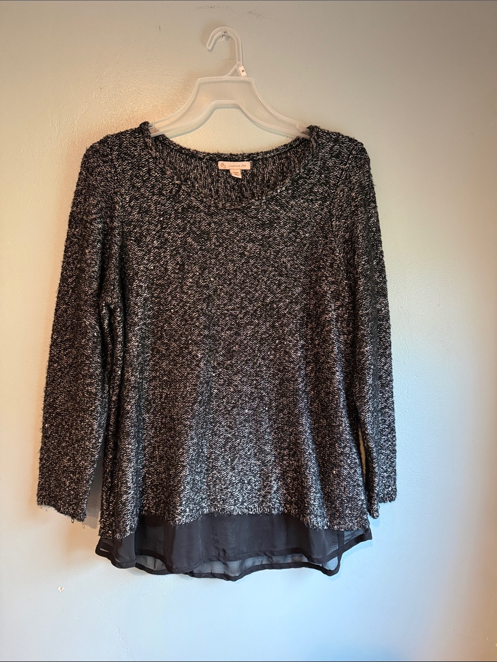 Mixed Black & White Layered Knit Top - Ladies Sweater with Chiffon Hem